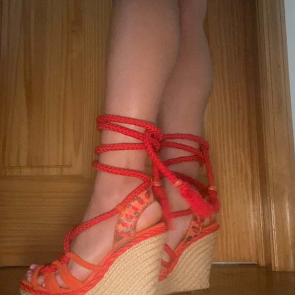Vintage Dior Tahiti Gladiator Espadrille Sandals Orange Red Pre-Owned 37 1/2 - Picture 5 of 16